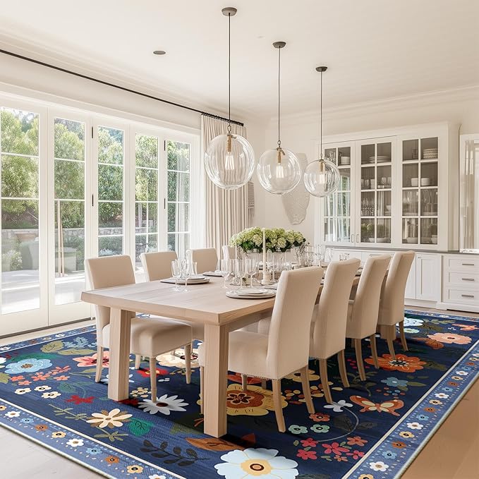 Floral 5x7 Area Rug Machine Washable Soft Print Boho Carpet Non Slip Doormat Low Pile Flower Area Rugs for Living Room Bedroom Nursery Kitchen Dining Room Indoor-Blue/Grey