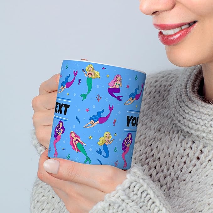 Personalized Mug for Kids - Mermaids - Custom Name/Text, Ceramic Hot Chocolate/Cocoa/Coffee Cup for Girls, Birthday/Christmas/Holiday Gift - 15 oz, Red Handle