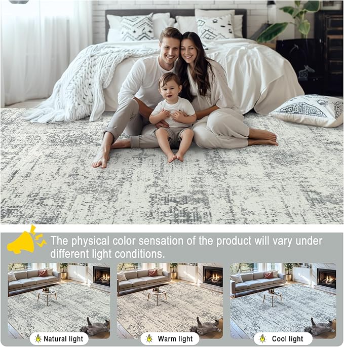 Area Rugs 9x12 Living Room - Washable Rug Modern Abstract Soft Large Neutral Non-Slip Carpet Indoor Floor Stain Resistant Thin Carpets for Bedroom Dining Room Farmhouse Nursery Home Office Grey