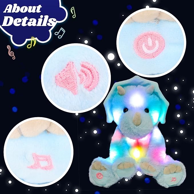 Cuteoy Light-up Singing Plush Blue Triceratops LED Musical Stuffed Animal Dinosaur Adjustable Volume Lullaby Plushies Birthday Christmas Toy Gifts for Kids Toddler Girls, 13"