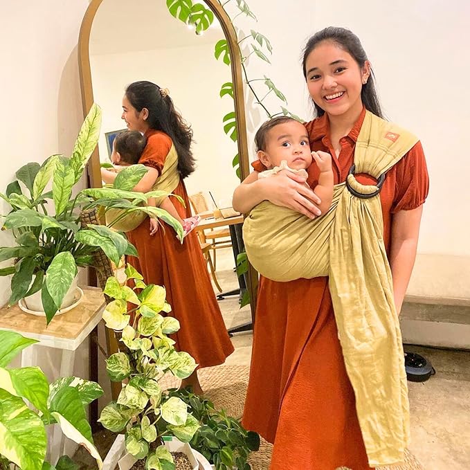 Mamaway Baby Ring Sling Carrier - Newborn and Toddler Sling (Supports up to 165lbs), IHDI Certified, Rayon & Linen Made, Soft & Breathable, Nylon 66 Safety Rings, Storage Pocket Design, Olive