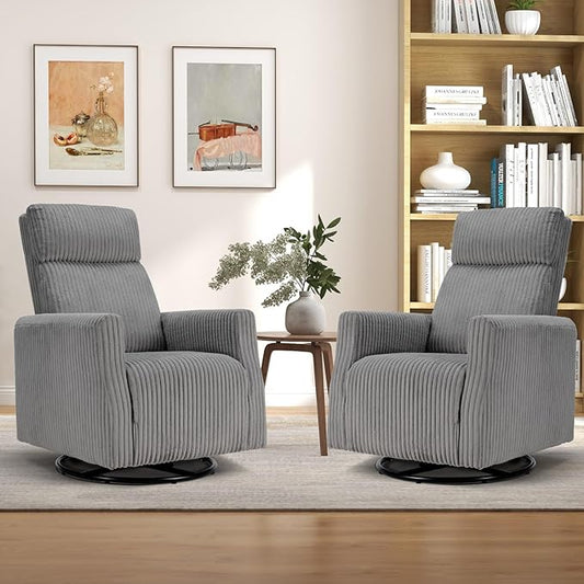 CANMOV Swivel Rocker Chair Set of 2, Swivel Accent Chair with High Back and Arms, Corduroy Glider Chair for Living Room Bedroom Nursery, Grey
