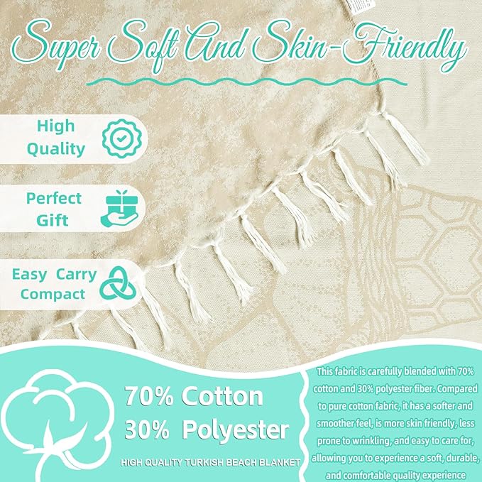 Oversized Turkish Beach Towel Blanket Cotton Giant XL Sandproof Towels Huge Linen XXL Extra Large Big Throw Quilt Blankets for Adults Beige Turtle