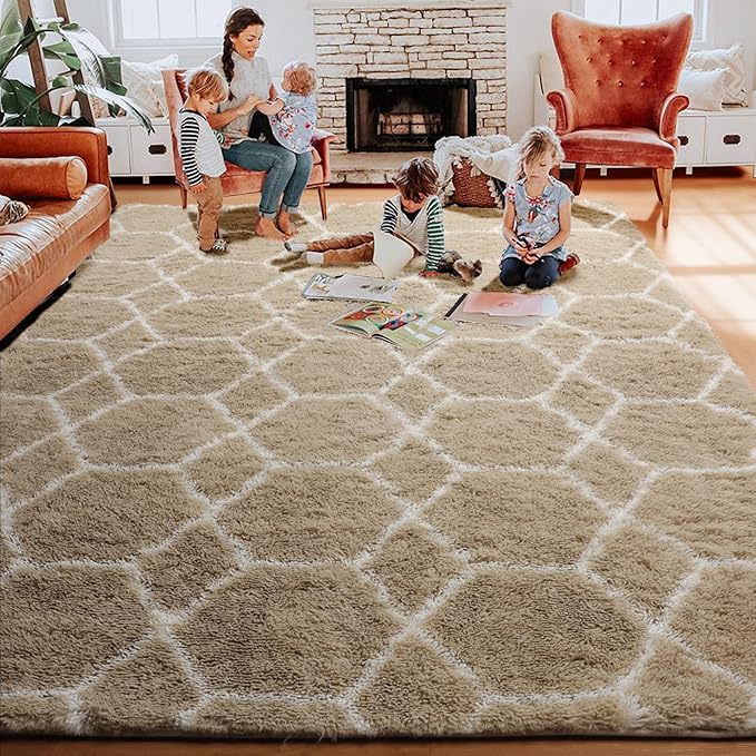 ONASAR 5x7 Area Rugs for Living Room Bedroom, Washable Fluffy Beige and White Shag Rug, Geometric Boho Soft Plush Shaggy Floor Carpet Mat for Nursery Kids Girls Boys Teen Dorm Home Decor Aesthetic