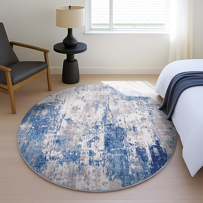 Washable Area Rugs 8ft Non-Slip Modern Abstract Soft for Living Room Entryway Bedroom Nursery, Print Pattern, Blue Grey Navy Gray