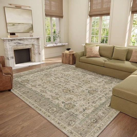 Washable 8x10 Area Rugs for Living Room, Boho Non-Slip Silicone Backing Rugs for Bedroom Dining Room Nursery Office, 0.3" Neutral Oriental Throw Carpet with 0.16" Cushioning Pad, Light Brown/Multi