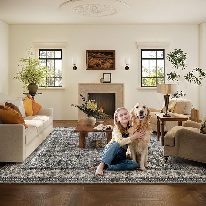Machine Washable Rugs for Living Room: 6x9 Bedroom Rug Vintage Boho Area Rug Stain Resistant Non Slip Low Pile Lightweight Soft Carpets for Living Room Dining Room Kitchen Nursery Kids Room Farmhouse