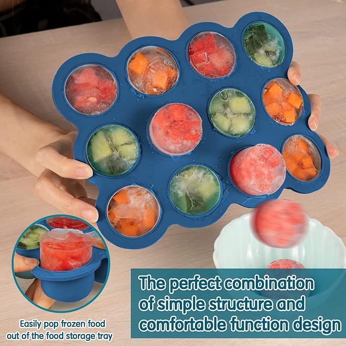 Baby Food Storage 12 x 1.5OZ Silicone Freezer Tray with Lid, Food Grade Silicone Containers for Purees & Vegetables Midnight Blue