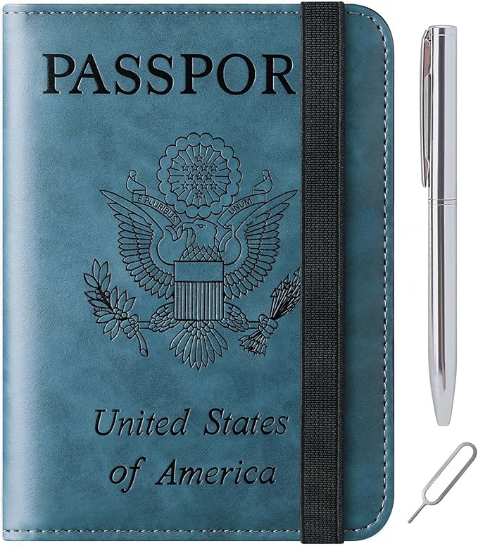 Passport Holder Cover Wallet Travel Essentials Leather Rfid Blocking Case Vacation Luggage Must Haves Travel Accessories for Men Women (116#Blue)