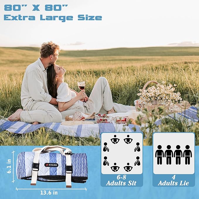 Waterproof Picnic Mat, Outdoor Camping Oversized Field Blanket. Portable Thickened Camping Blanket, Suitable for Beach, Camping, Music Festival, Party, Outdoor Adventure. (Blue & White, 80”x80”)