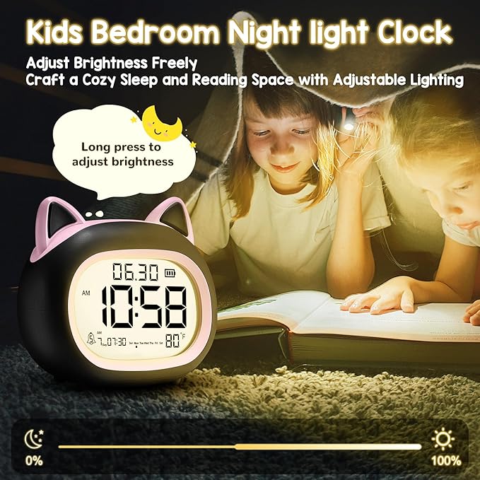 Kids Alarm Clock with Night Light for Kids, Small Digital Alarm Clocks for Bedrooms, Routine Builder, Cute Cat Alarm Clock with Sleep Training, Snooze, 12/24H, Date & Day, Temperature, USB Port