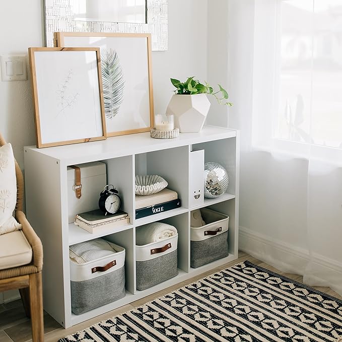 OrganiHaus Large Fabric Storage Baskets for Shelves 3 Pack, 15x11in Closet Storage Bins for Shelves, Cloth Baskets for Organizing, Linen Closet Organizers, Fabric Basket, Gray/White