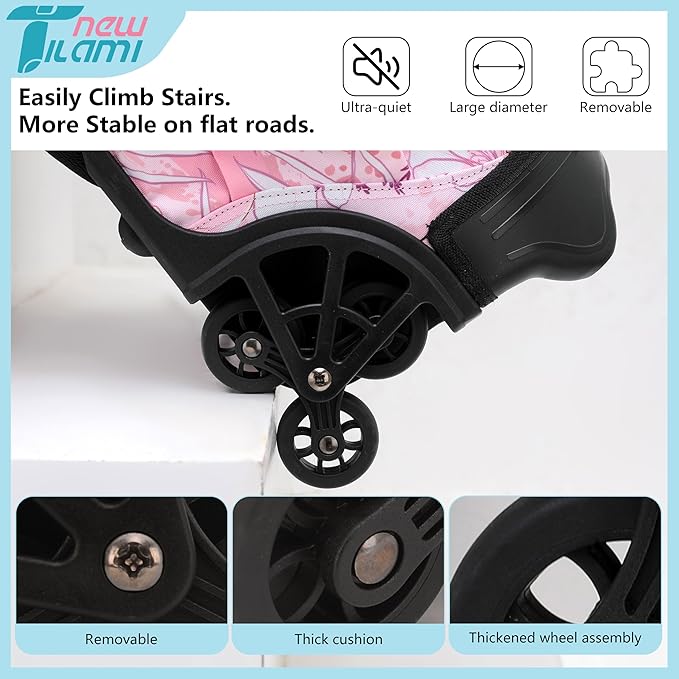 NEW TILAMI Girls & Boys Rolling Backpack - Moisture-Wicking, Adjustable Handle, Large Capacity, Perfect for School & Travel, Pink Flowers