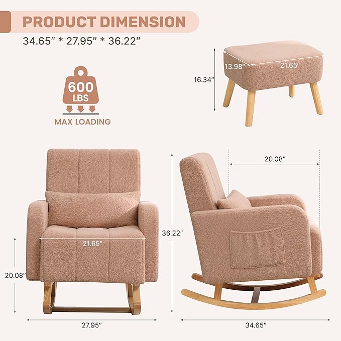 Rocking Chair with Ottoman, Upholstered Glider Rocker with High Backrest and Side Pocket, Comfy Reading Chair with Solid Wood Legs for Nursery, Living Room,Bedroom Coffee