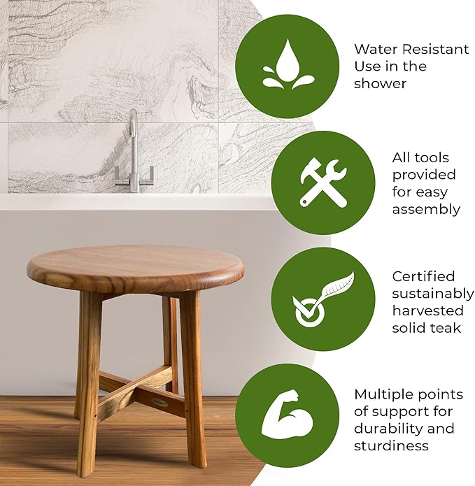 EcoDecors Shoji 17.5 Inch Round Table Waterproof Teak Wood Shower Bench Stool Seat Chair for Inside Shower Provides Safety, Storage, and Organization for Bathroom Accessories
