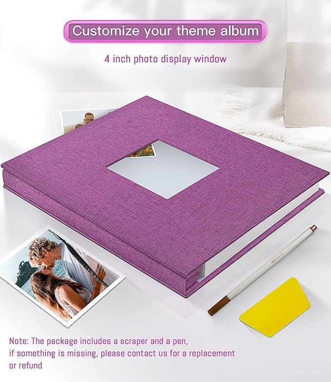 popotop Photo Album Self Adhesive with Picture Display Window,40 Pages DIY Scrapbooking Supplies Kit for 4x6 8x10 Picture,Linen Cover Memory Book for Baby Wedding, with Scraper and Metallic Pen