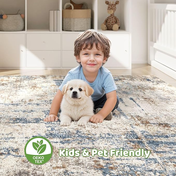 7x9 Area Rug Washable Rugs: Living Room Large Abstract Modern Soft Stain Resistant Indoor Floor Non Slip Accent Carpet for Bedroom Nursery Playroom Office Dining Room Dorm Home House- Tan