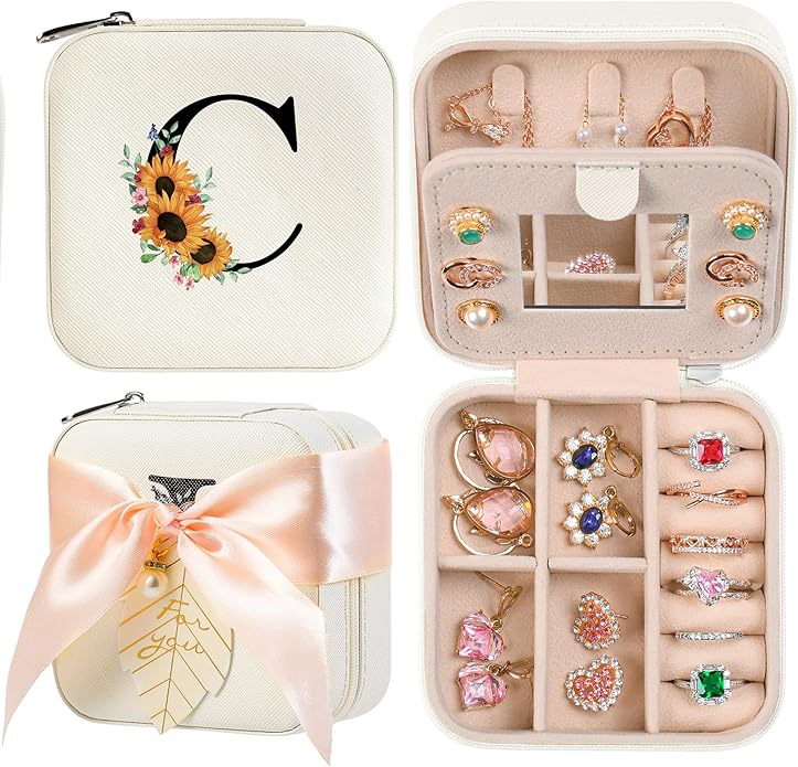 AYGXU Travel Jewelry Box for Women and Girls - Small Case With Initial A-Z - Teacher Gifts
