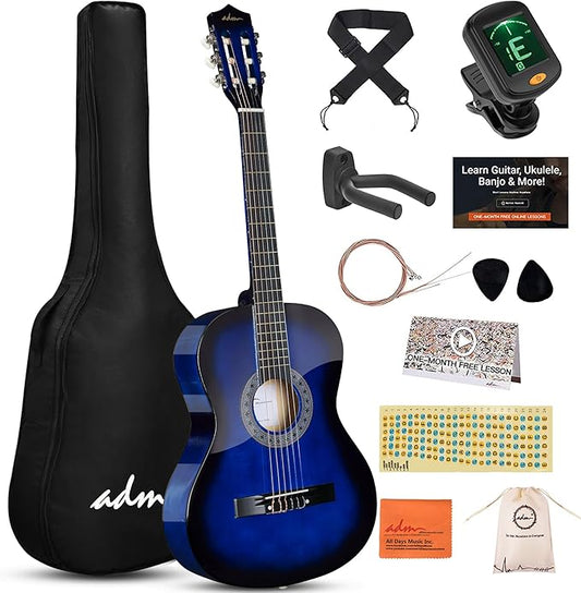 ADM Beginner Acoustic Classical Guitar 38 Inch Nylon Strings Wooden Guitar Bundle Kit for Kid Boy Girl Student Youth Guitarra Online Lessons with Gig Bag, Strap, Tuner, Strings, Blue