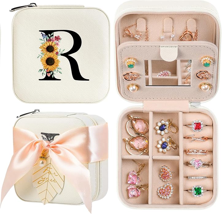 AYGXU Travel Jewelry Box for Women and Girls - Small Case With Initial A-Z - Teacher Gifts