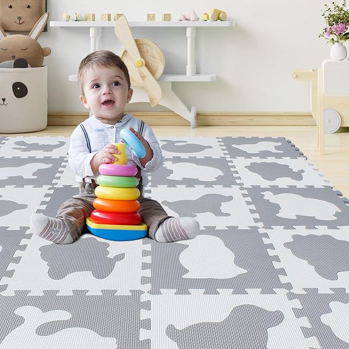 qqpp EVA 18 Tiles Baby Play Mat for Playing, Interlocking Foam Floor Mats for Tummy Time & Crawling, Flooring Tiles with Animals Puzzle for Kids. QP-51(AL) b18N