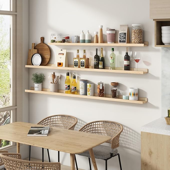 Picture Ledge Shelf for Wall, 48 inch Solid Pine Wood Nursery Book Shelves 2 Packs, Floating Ledge Shelves for Kids' Room Bedroom Bathroom Living Room Photo Frames Office Nursey Wall Decor, Natural