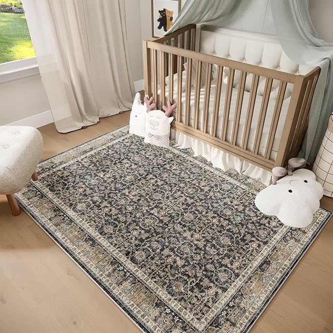 Washable 3x5 Entryway Rug Indoor, Boho Non-Slip Silicone Backing Small Rugs for Kitchen Nursery Office Bedroom, 0.3" Neutral Oriental Throw Carpet with 0.16" Cushioning Pad, Black/Multi