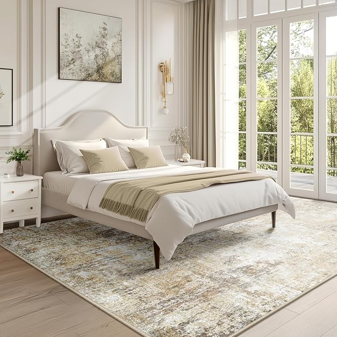 Washable Area Rugs 9'x12' Non-Slip Modern Abstract Soft for Living Room Entryway Bedroom Nursery, Print Pattern, Neutral Brown Gray