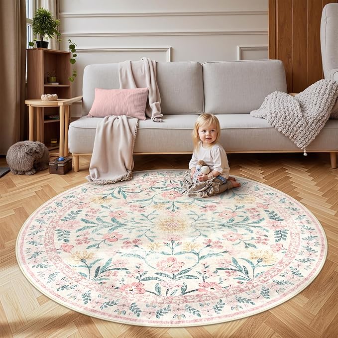 Wonnitar Washable Round Rugs 6ft, Pink Floral Circle Rug Large Round Carpet for Bedroom, Boho Soft Ultra-Thin Circular Carpets for Kids Playroom Living Room Nursery