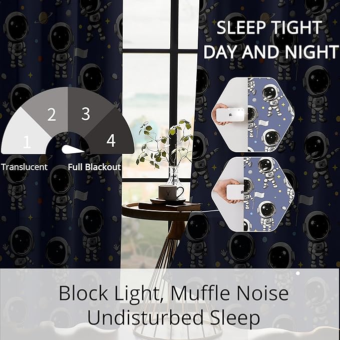 Kids Space Astronaut Blackout Curtains - 100% Blackout, Thermal Insulated, Noise Reducing, Perfect for Kids Room and Nursery, 2 Panels (Spacewalk Buddies, W52×L63)
