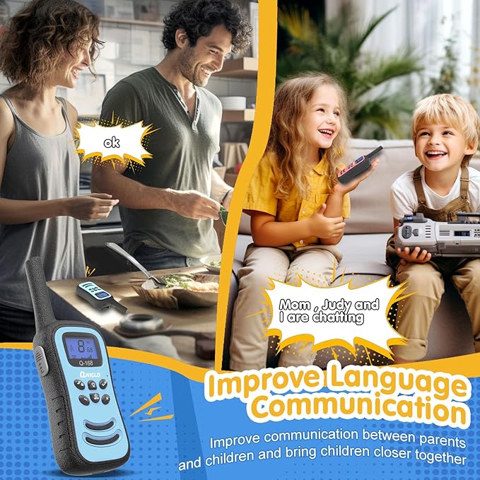 QNIGLO Kids Walkie Talkie, VOX Rechargeable Kids Walkie Talkie, 3KM Working Distance, 48H Standby, 8 Channels, Flashlight Function, Gift for 3-12 Year Old Girls & Boys (2-Pack)