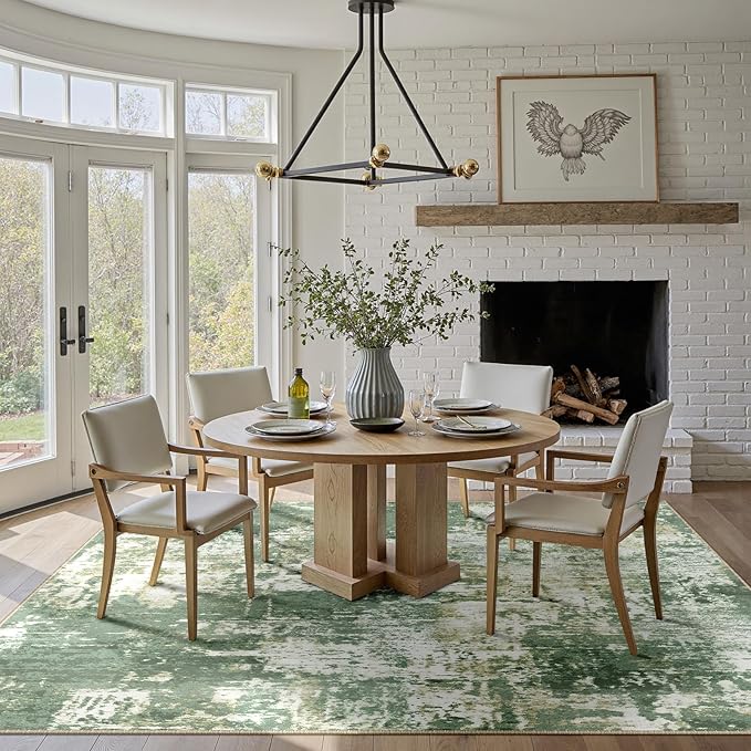 Washable Area Rugs 9'x12' Non-Slip Modern Abstract Soft for Living Room Entryway Bedroom Nursery, Print Pattern, Light Green/Yellow