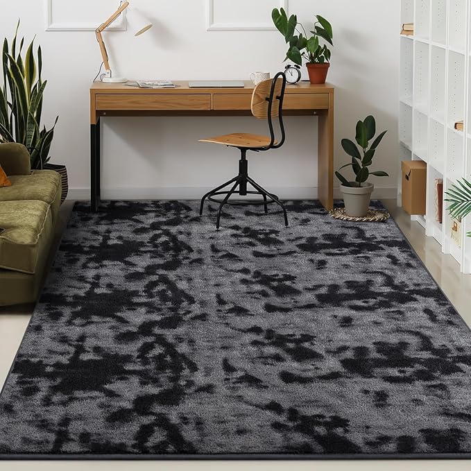 Kimicole 7x10 Washable Area Rugs for Living Room Bedroom, Large Low Pile Ulta-Thin Solid Color Rug, Non-Slip Soft Fluffy Carpet for Nursery Kids Room Dorm Room Home Decor (Dark Grey)
