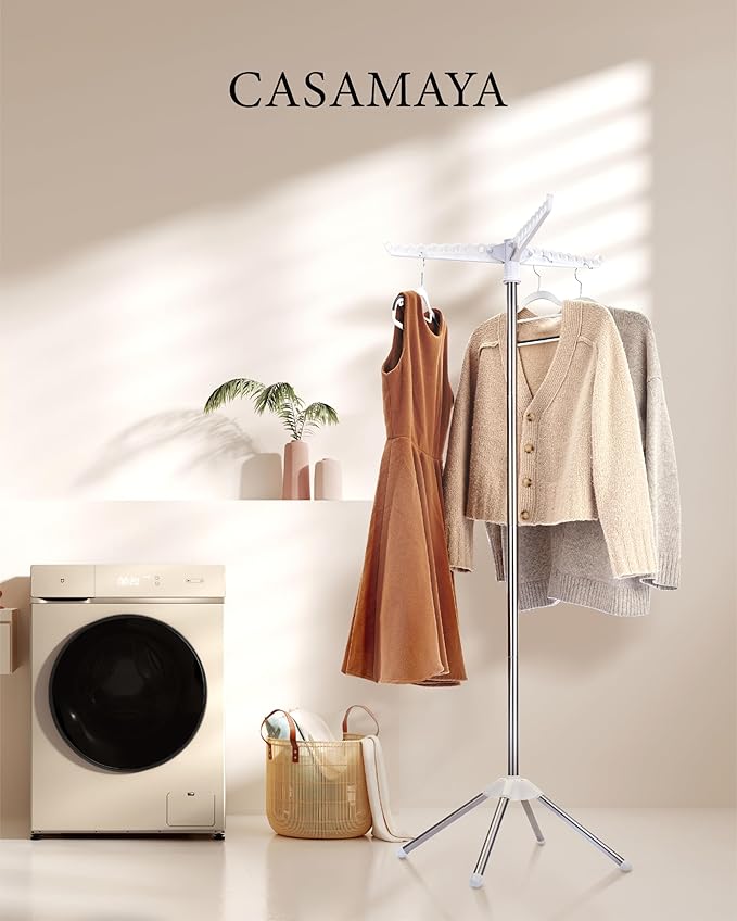 Clothes Drying Rack Foldable, 59 inch Tripod Laundry Drying Rack Indoor with Rotating Clothes Rail for 27 Pieces of Clothes, Space Saving, Stainless Steel, White and Silver CDR001W01