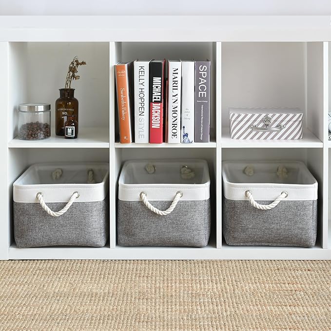 TheWarmHome Storage Basket for Organizing - 15.7x11.8x8.2 inch Large 3 Pack Collapsible Storage Bins for Shelves, Fabric Storage Cubes for Gift Closet Linen Organization (White & Grey)