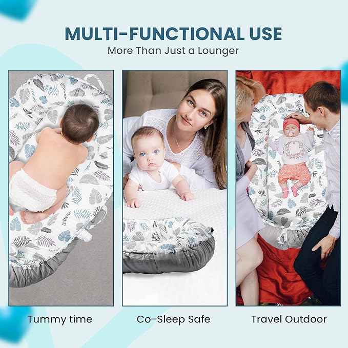 Baby Support Base for Awake Time – Foldable & Soft – 100% Cotton - Machine Washable - Perfect Baby Gift– Breathable & Soft Travel for Baby Boys & Girls (Feathers n Leaves-Grey)