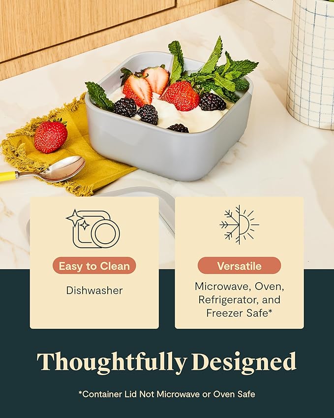 Caraway Glass Food Storage - 4.4 Cup Glass Container - Ceramic Coated Food Container - Non Toxic, Non Stick Lunch Box Container with Glass Lids - Dishwasher, Oven, & Microwave Safe - Gray