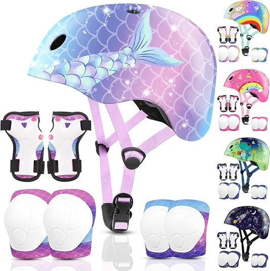 Vvinca Kids Toddlers Bike Helmet Adjustable for Ages 3-5-8 Years, Knee Pads and Elbow Pads Set Wrist Guard Sports Protective Gear Set for Roller Skate Bicycle Skateboard Scooter Girl Boy Birthday Gift