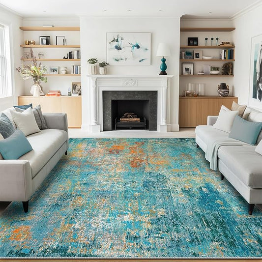 Washable Area Rugs 8'x10' Non-Slip Modern Abstract Soft for Living Room Entryway Bedroom Nursery, Print Pattern, Teal Blue Green Orange Rust Red Colorful