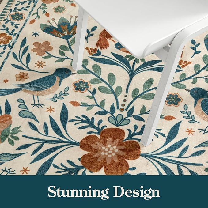 Moynesa Washable Boho Bird 6x9 Area Rugs, Ultra Thin Soft Living Room Rugs for Bedroom Non Slip, Stain Resistant, Easy Clean, Large Beige Indoor Throw Carpet for Dining Room Office Nursery