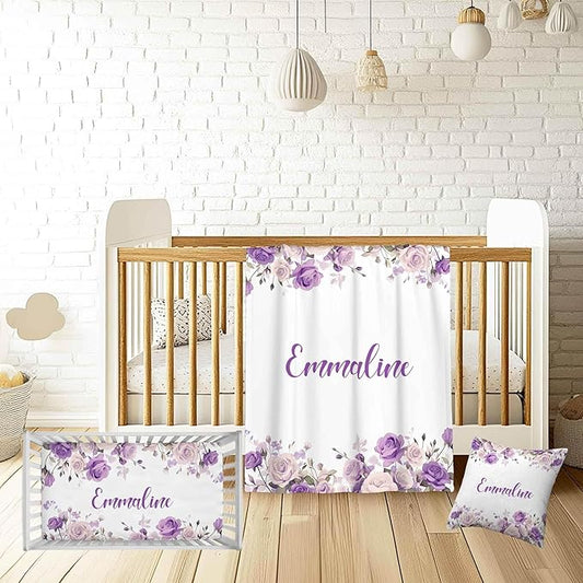 Personalized Baby Girl Crib Bedding Set – Custom Name Floral Purple 3-Piece Nursery Set with Soft Flannel Blanket, Fitted Sheet & Pillowcase – Infant & Toddler Bedding Gift