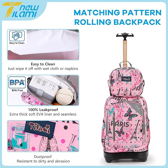 NEW TILAMI 18 inch Rolling Backpack for Kids, Waterproof, Adjustable Handle, Stair Climbing, Large Storage for School, Travel, Girls & Boys, Pink Paris