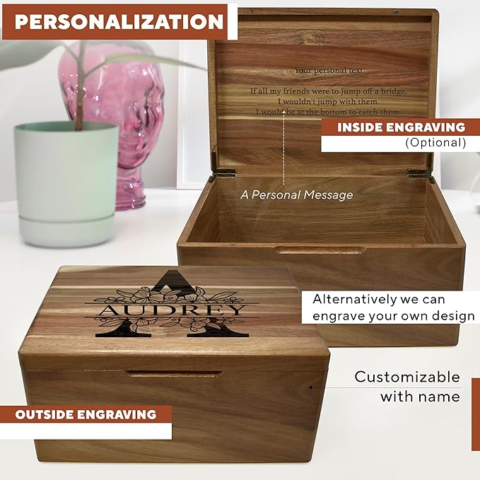 Personalized Monogrammed Keepsake Box - Engraved Custom Memory Box, Decorative Storage Chest for Wedding Keepsakes Large, Rustic Memento Box for Valentines Day, Anniversary for Couple, 11.5x8.5x5.5 in