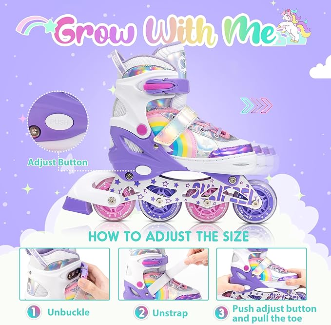 SULIFEEL Rainbow Unicorn Inline Skates for Girls Boys 4 Size Adjustable Light up Wheels Skates for Kids Beginner