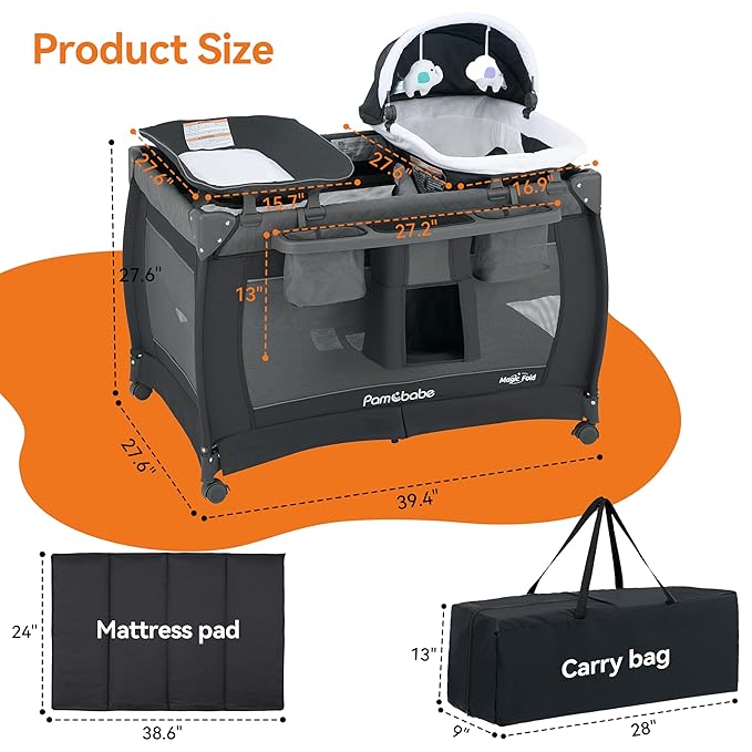 Pamo Babe 1-Second Setup 4-in-1 Playard for Babies - Heavy-Duty Steel Frame for Safe Sleep Space, Portable Crib with Changing Table, Locking Wheels, Breathable Mesh