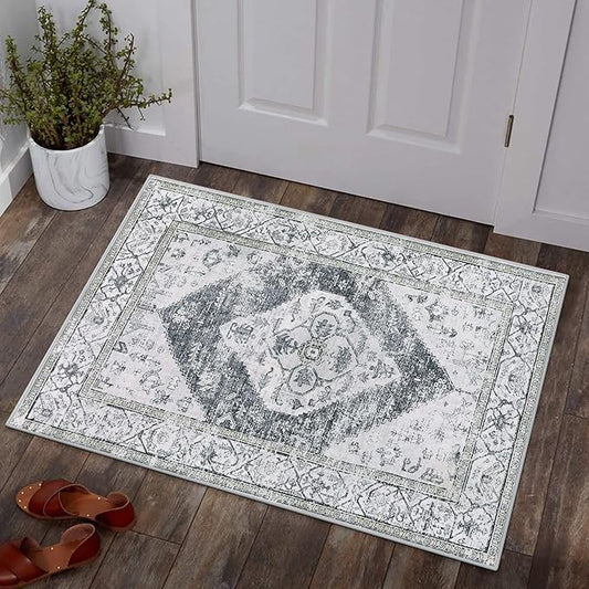 Lahome Boho Washable Rugs for Entryway - 2x3 Small Non-Slip Kitchen Rug Throw Lightweight Area Rugs for Bedroom Grey Print Oriental Distressed Bathroom Mat Floor Doormat Carpet for Laundry Living Room