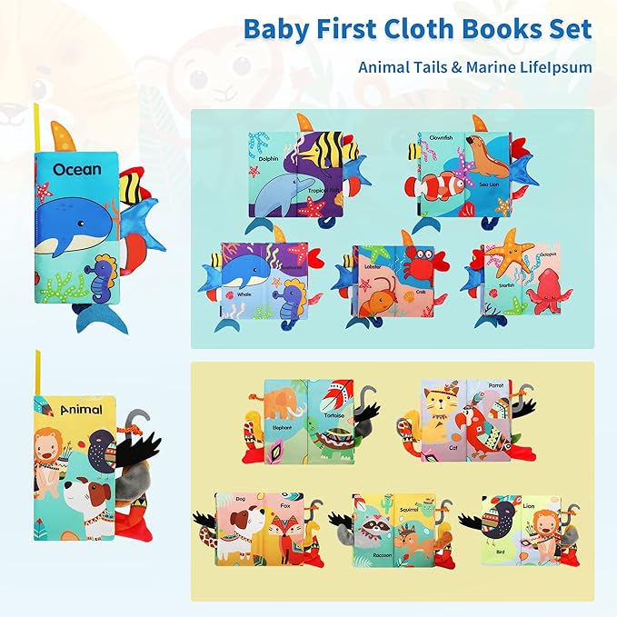 BARMACO Baby Soft Books, Touch and Feel Crinkle Cloth Books for Babies, Infants & Toddlers, Learning Toys Gifts for Boys & Girls, Early Development Interactive Sensory Toys, Ocean Animal Tails Books