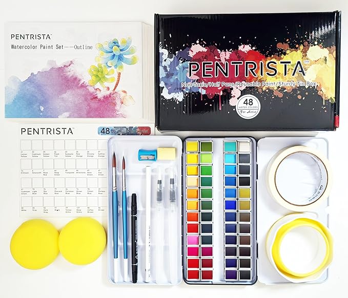 Watercolor Paint Set, 48 Premium Colors,Artist Grade, Includes 2 Artist Brushes,20 sheet Water color Paper Pad,2 Water Pen, Perfect Travel Watercolor Set for Artists and Painting Lovers