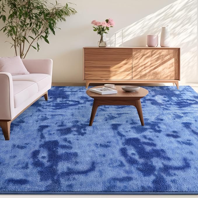 Kimicole 7x10 Washable Area Rugs for Living Room Bedroom, Large Low Pile Ulta-Thin Solid Color Rug, Non-Slip Soft Fluffy Carpet for Nursery Kids Room Dorm Room Home Decor (Blue)