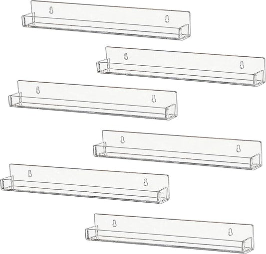 IEEK 6 PCS Acrylic Invisible Floating Bookshelf for Kids Room,15 inch Modern Picture Ledge Display Toy Storage Wall Shelf Vinyl Record Shelf U Shelves Storage Rack